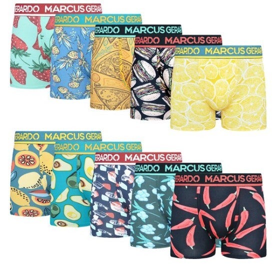 Marcus Gerardo 10-pack boxershorts heren Food-prints (aardbei, ananas, avocado, sushi e.a.)