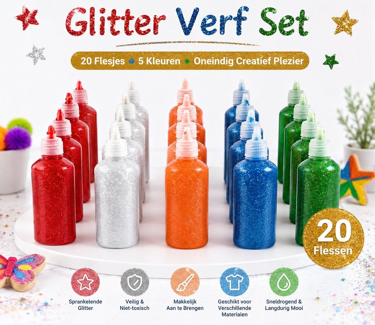 Glitterverf voor kinderen 20 flesjes in 5 kleuren